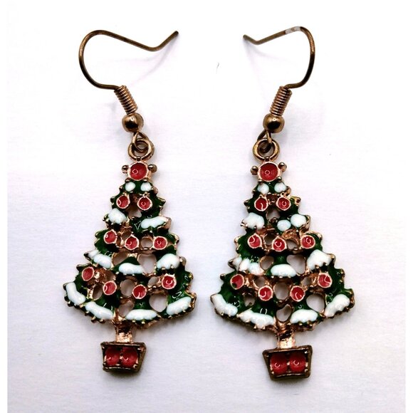 Christmas Tree Earrings Snow Accents - Picture 2 of 4